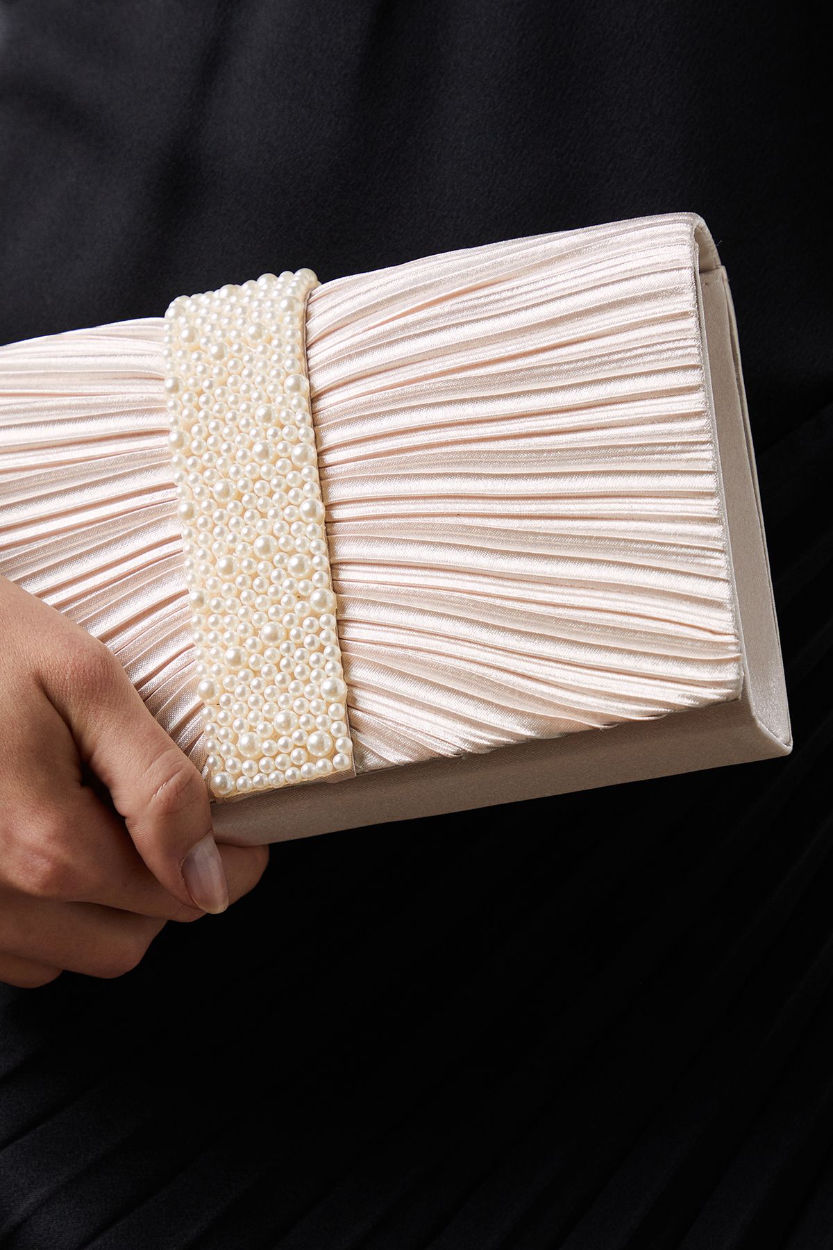 Coast Dahlia Satin Pleated & Pearl Trim Clutch Bags Champagne image 3