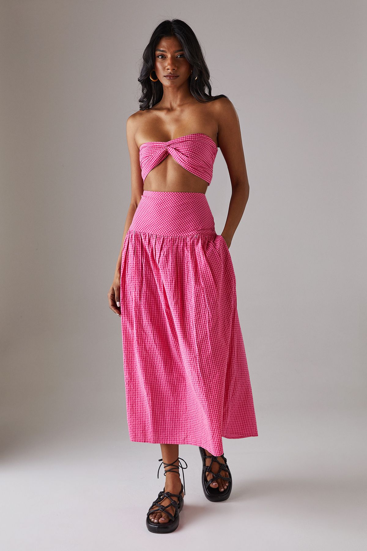 Warehouse Gingham High Waisted Midi Skirt Pink image 4