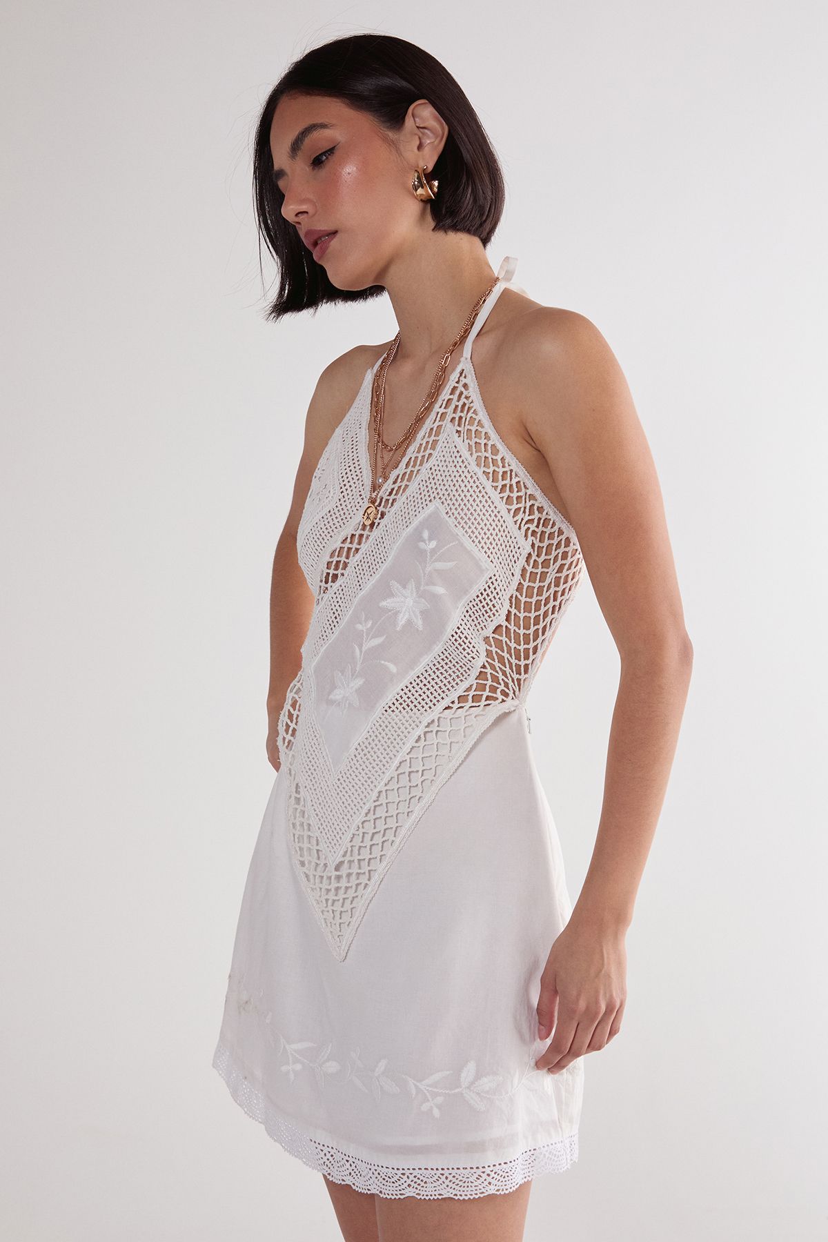 NastyGal Cotton Embroidered Crochet Mix Layered Mini Dress White image 2