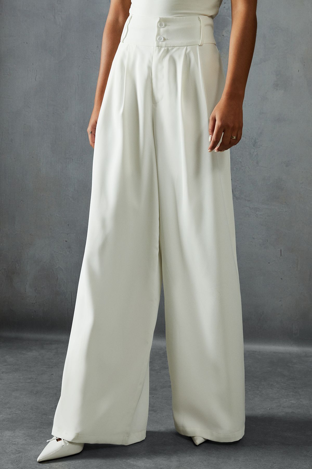 MissPap Tailored High Waisted Button Detail Trousers Ivory image 4