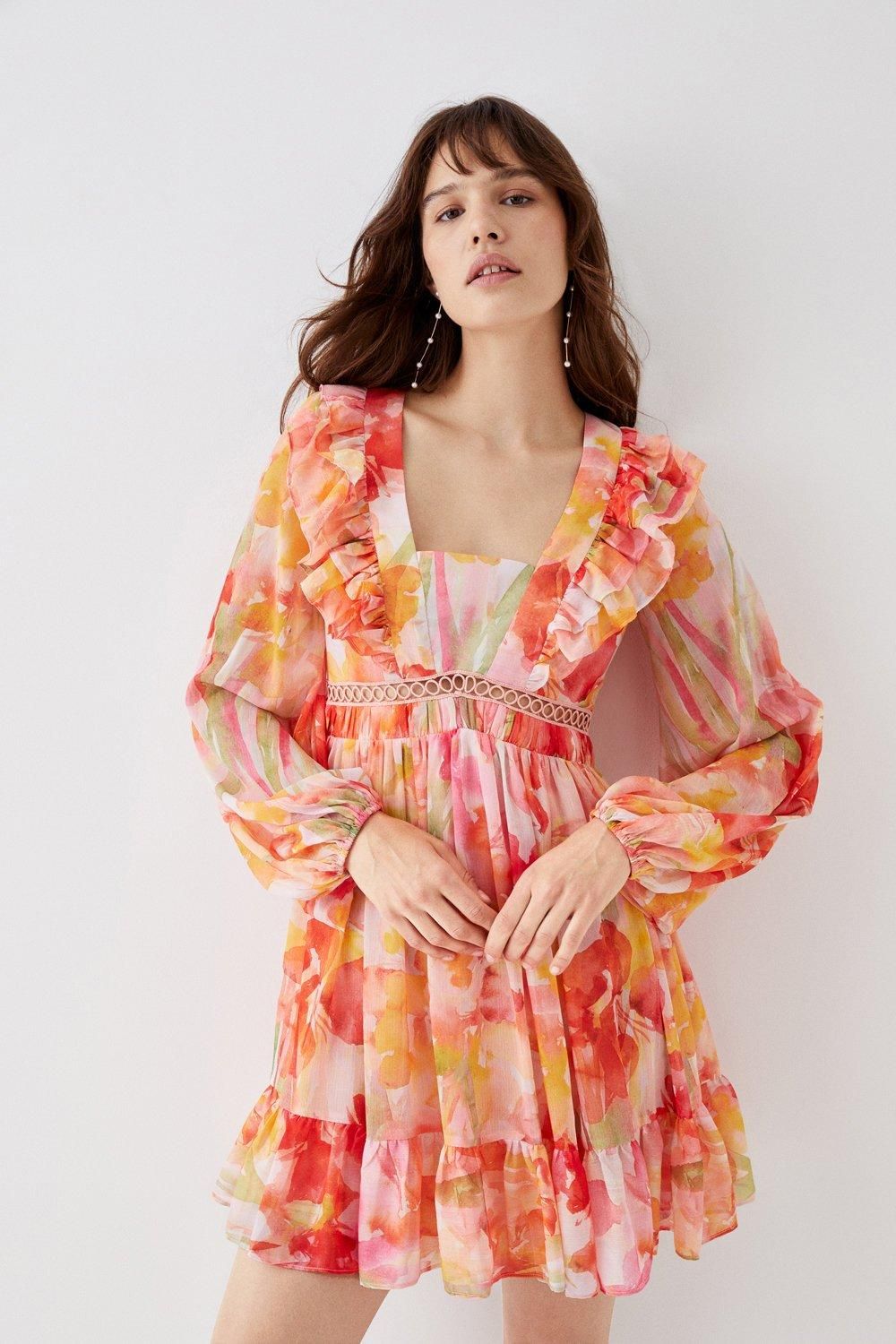 Coast Printed Tie Back Ruffle Detail Mini Dress Peach image 1