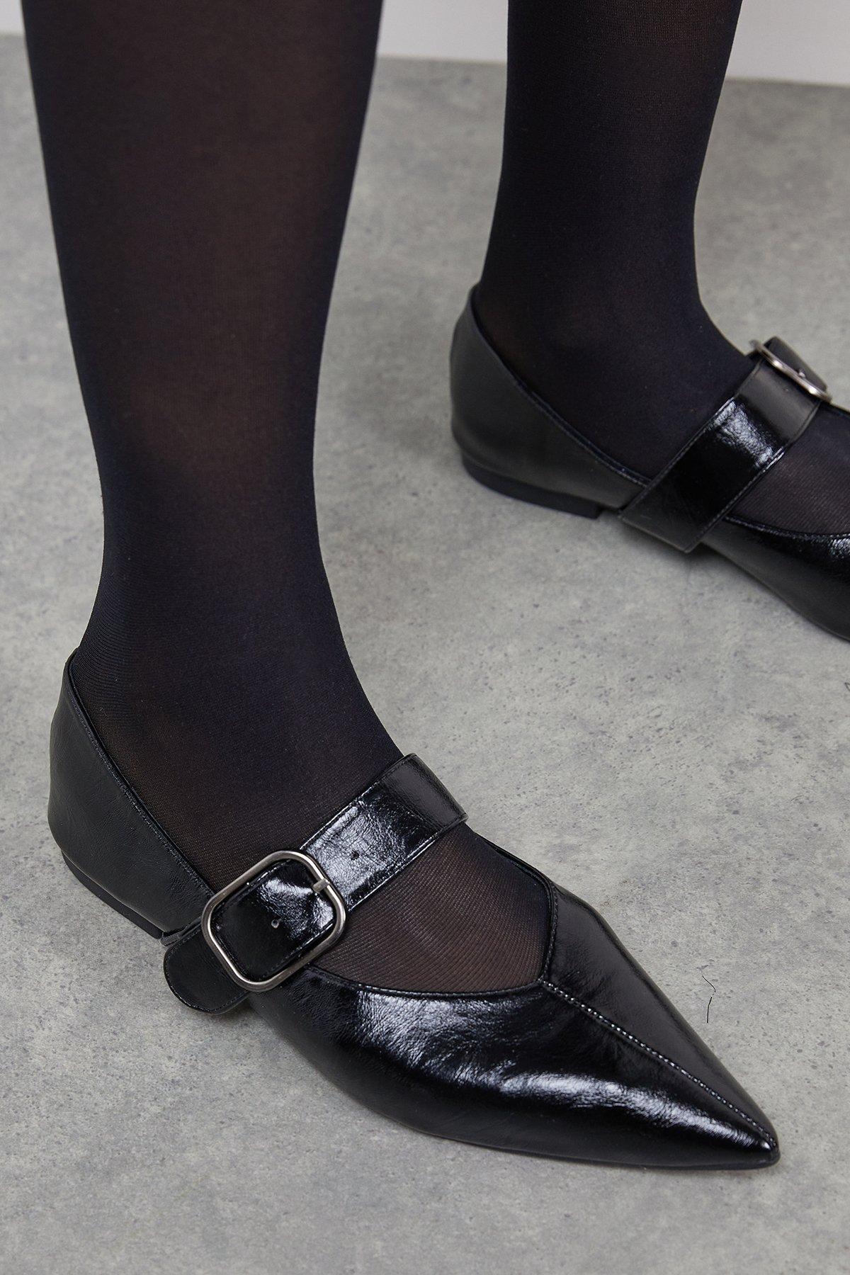 MissPap Faith: Brianna Faux Leather Buckle Detail Mary Jane Pointed Ballerinas Black image 4