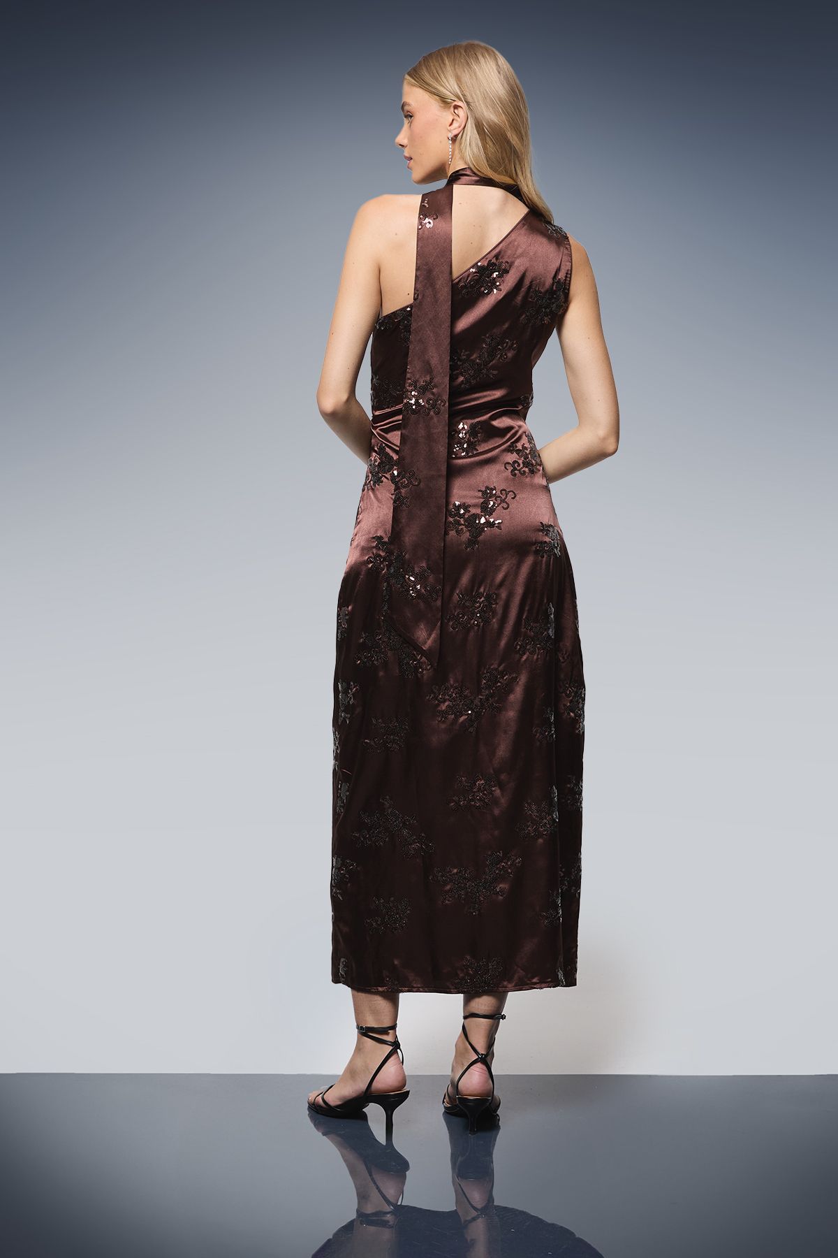 Oasis Sequin Satin Tie Neck Midi Slip Dress Chocolate image 3