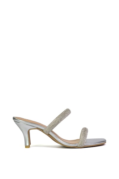 XY London 'Nancy' Square Toe Diamante Strappy Slip On Low Kitten Heel Mules