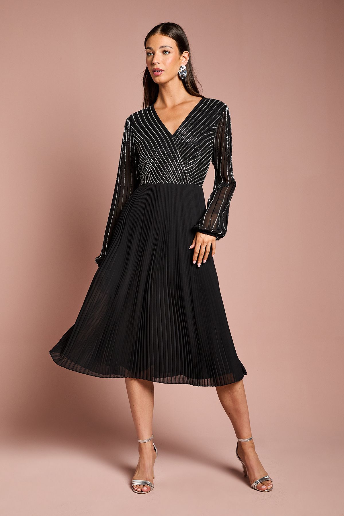 Coast Embellished Wrap Bodice Midi Dress With Pleated Skirt Black image 1