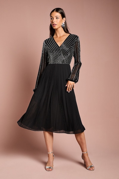 Coast Embellished Wrap Bodice Midi Dress With Pleated Skirt Black