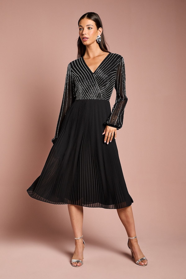 Coast Embellished Wrap Bodice Midi Dress With Pleated Skirt Black