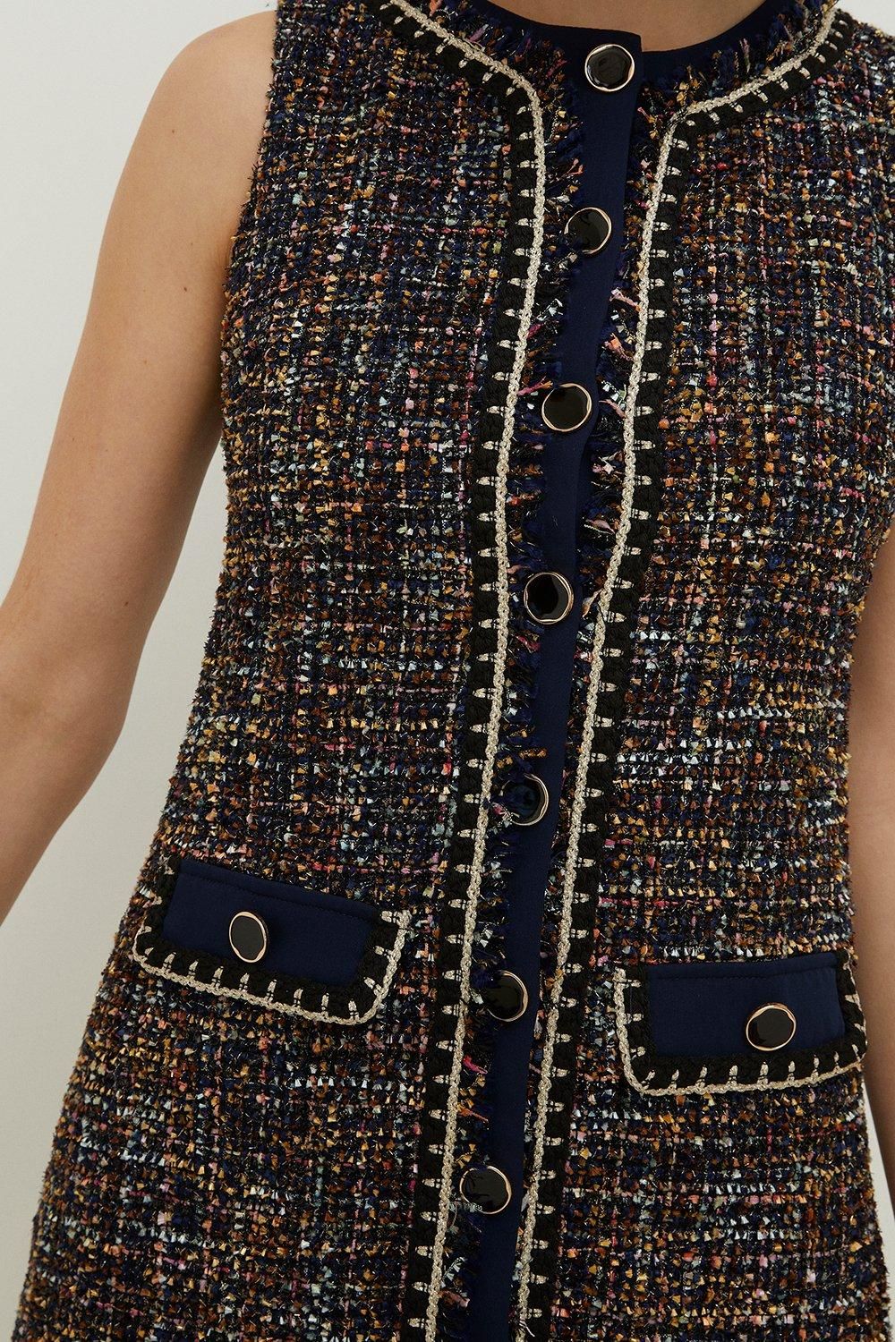 Oasis Tweed Trimmed Button Through Mini Dress Navy image 2
