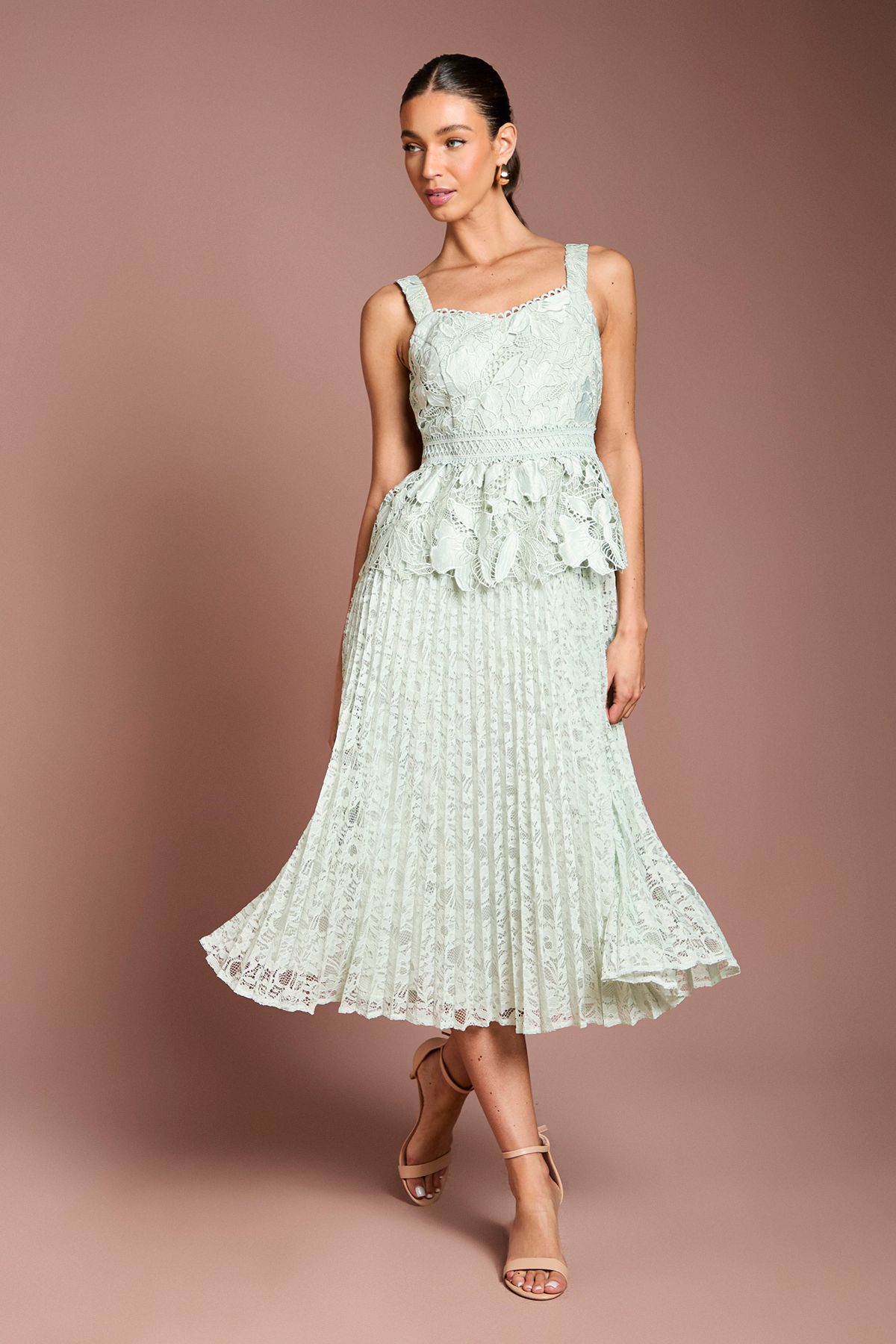 Coast Lace Peplum Detail Pleated Midi Dress Sage