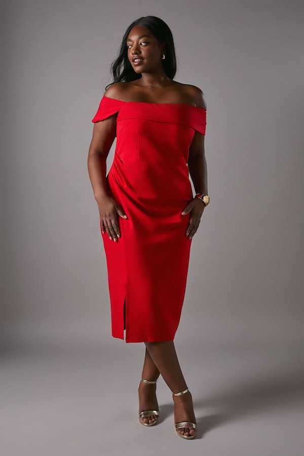 Coast Plus Cold Shoulder Ruched Detail Midi Dress Red