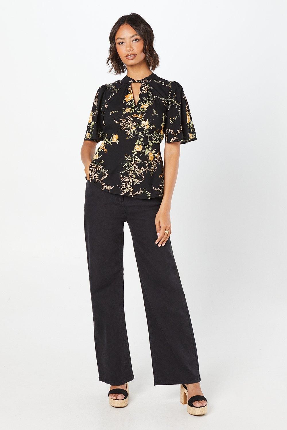 Dorothy Perkins Black Floral Twist Neck Keyhole Blouse Black image 2