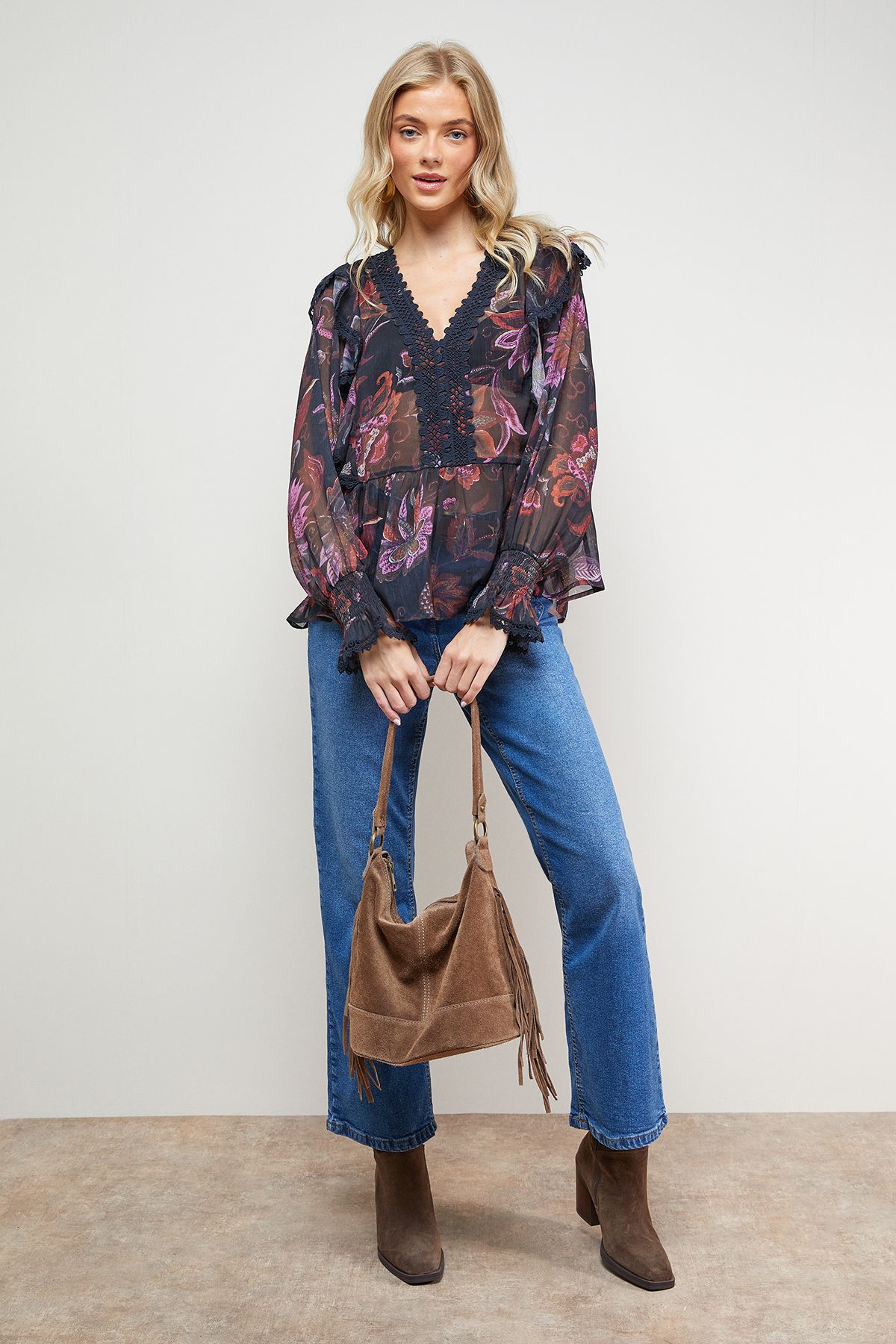 Oasis Printed Frill Detail Sheer Chiffon Blouse Multi image 1