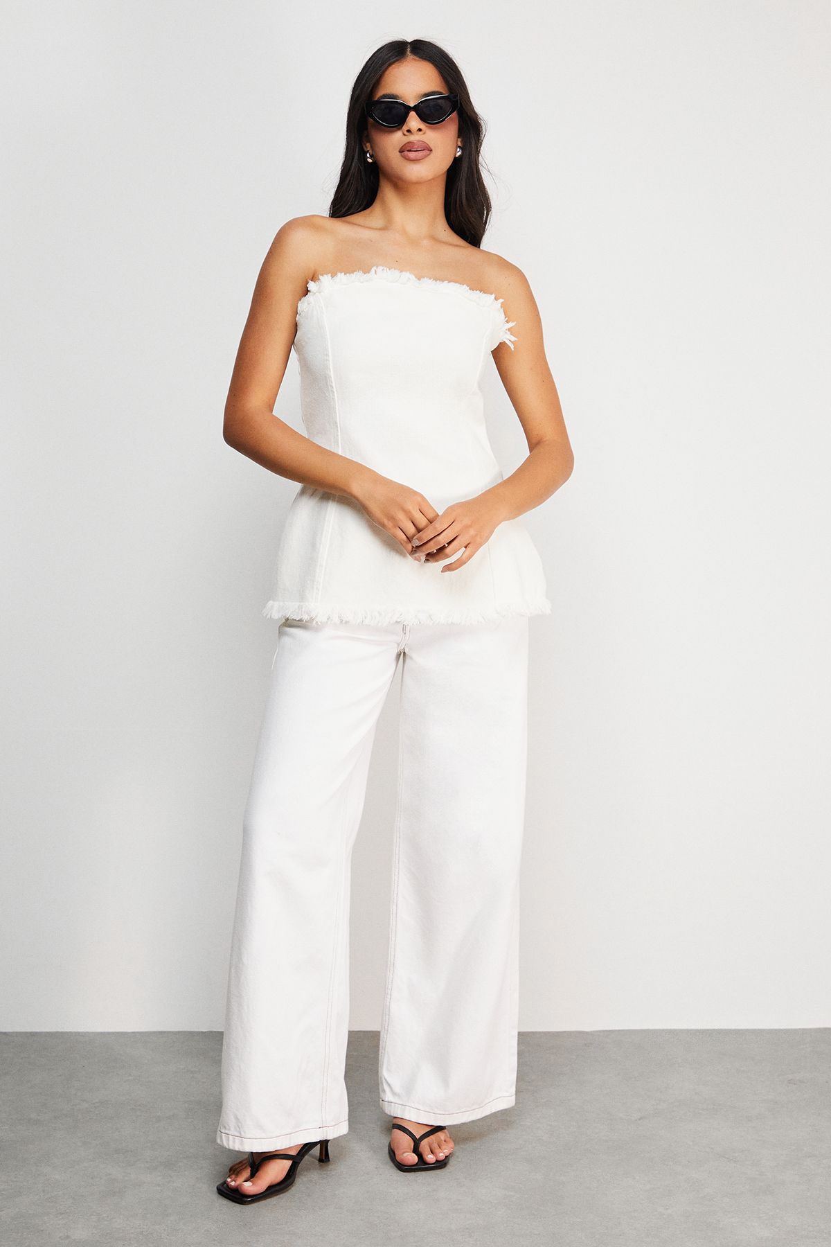 Warehouse Fray Detail Denim Bandeau Top Ecru