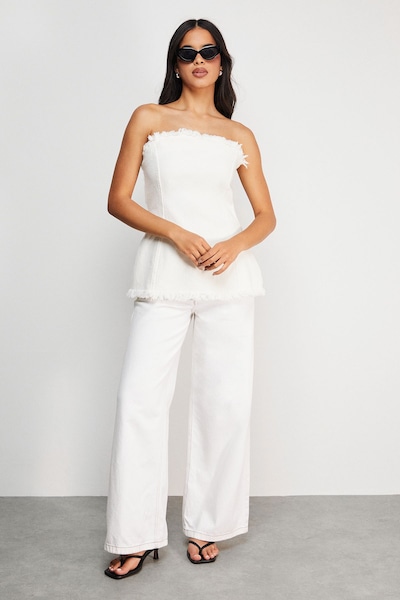 Warehouse Fray Detail Denim Bandeau Top Ecru