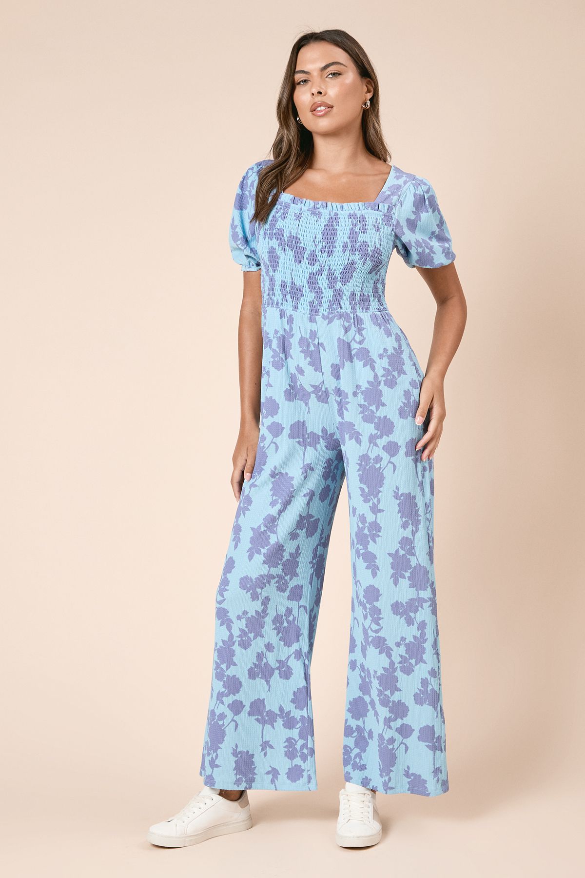 Dorothy Perkins Blue Floral Shirred Bodice Puff Sleeve Jersey Jumpsuit Blue image 1