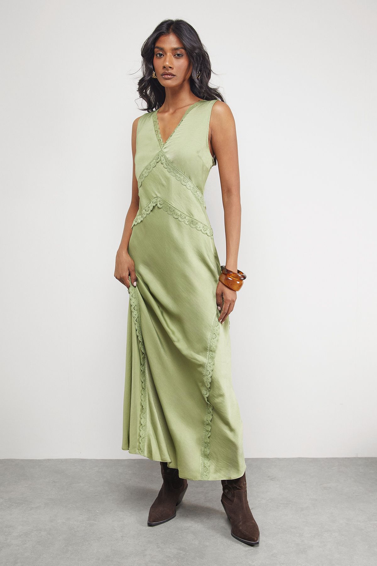 Warehouse Satin Contrast Lace Midi Slip Dress Olive image 4