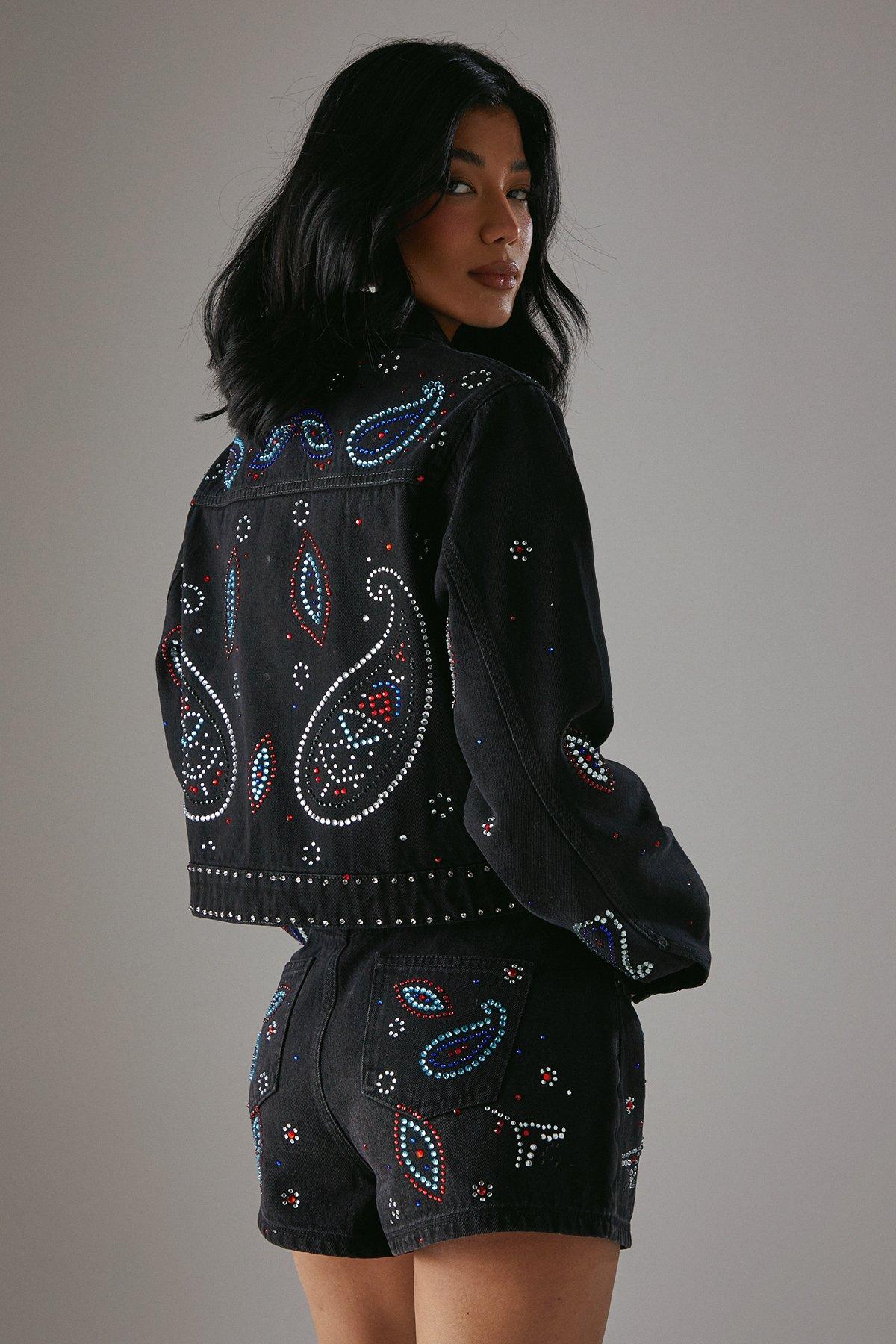 Warehouse Paisley Embellished Denim Hot Pant Shorts Washed Black image 4