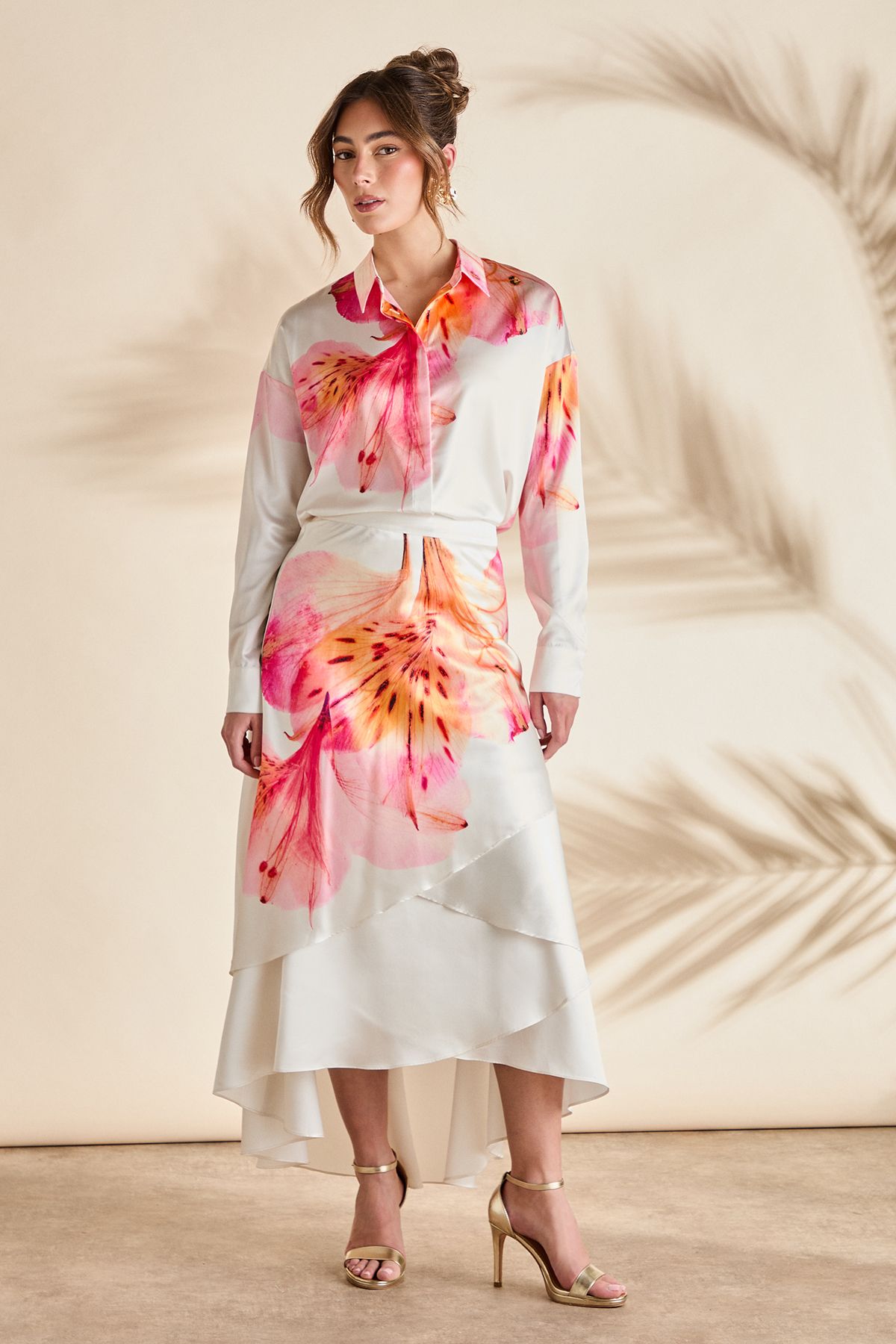 Coast Printed Satin High Low Hem Midi Skirt Ivory image 1