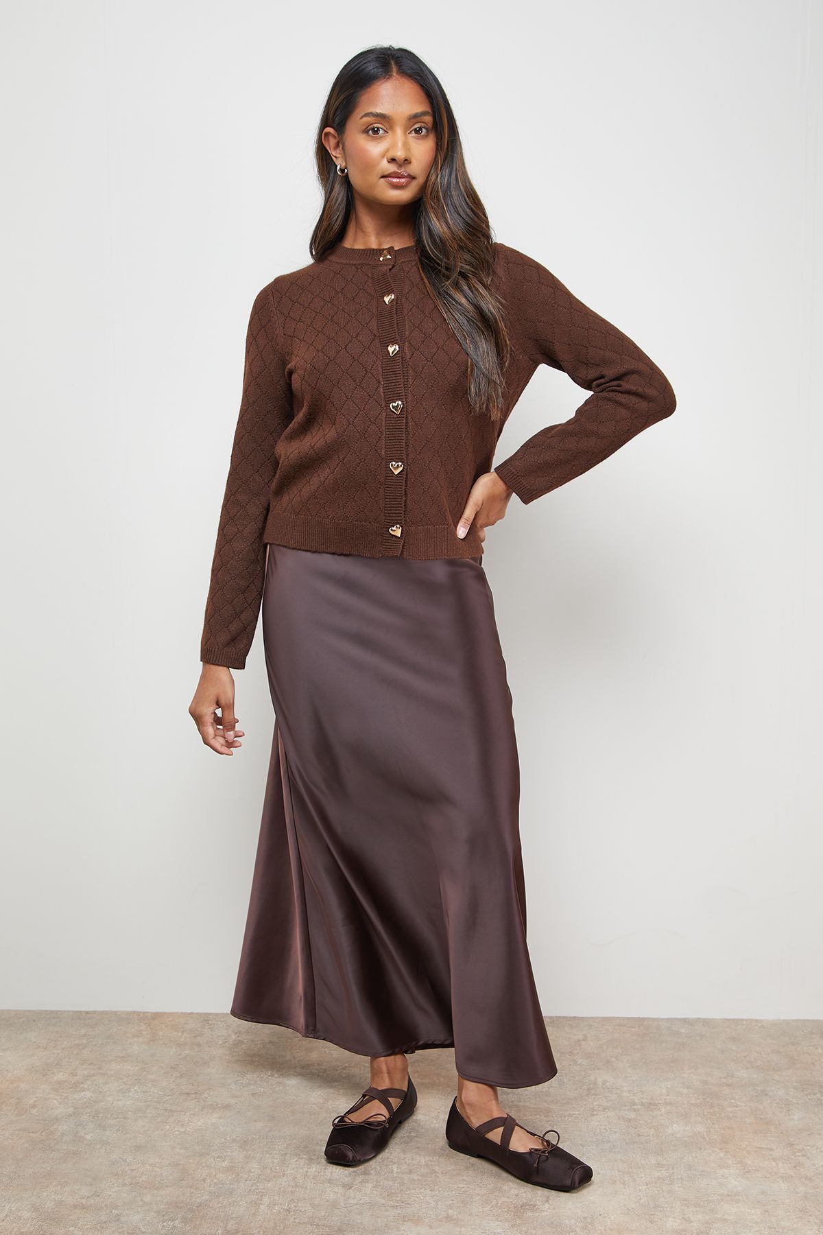 Oasis Heart Button Crew Neck Cardigan Chocolate image 2