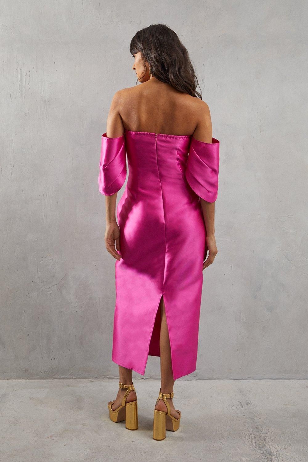 Warehouse Structured Puff Sleeve Bardot Midi Dress Hot Pink image 3