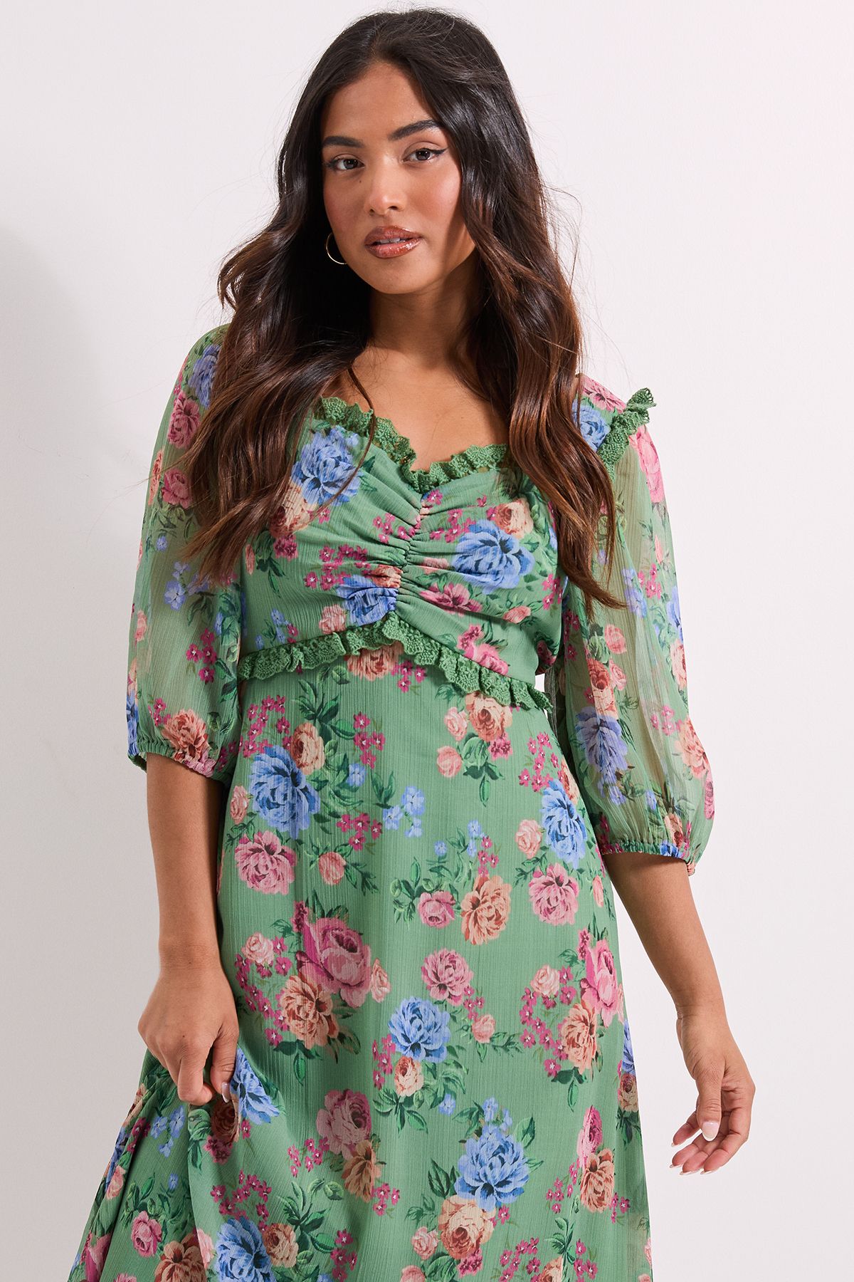 Dorothy Perkins Petite Floral Printed Lace Trim Blouson Sleeve Midi Dress Floral image 2