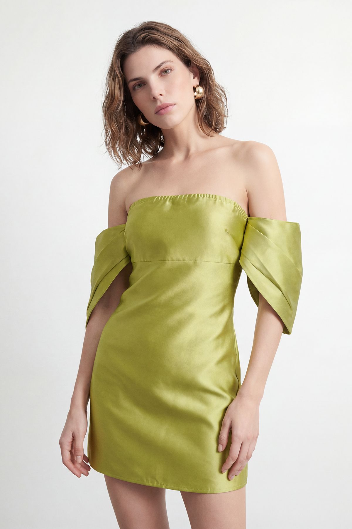 Warehouse Petite Structured Puff Sleeve Bardot Mini Dress Chartreuse image 1