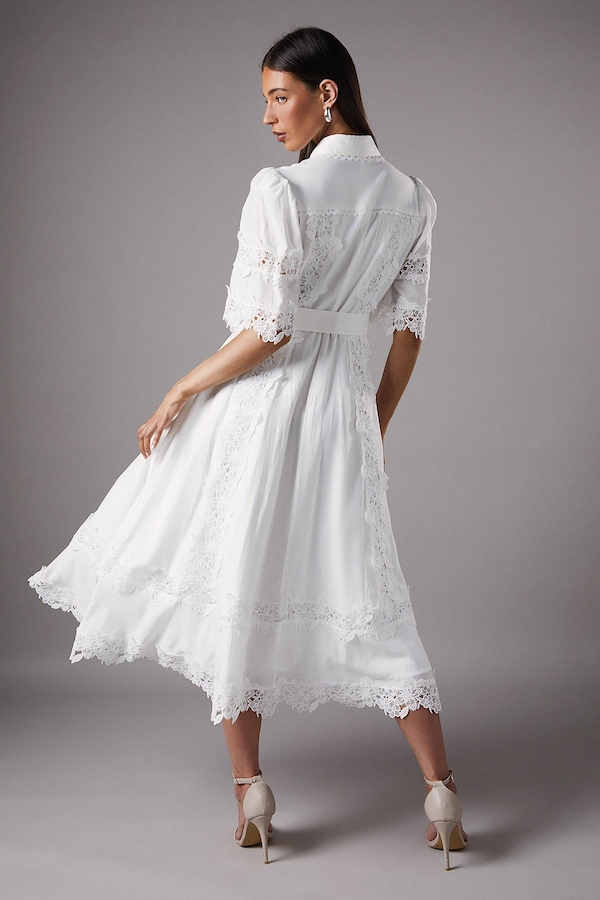 Contrast Lace-Trimmed Belted Shirt Dress