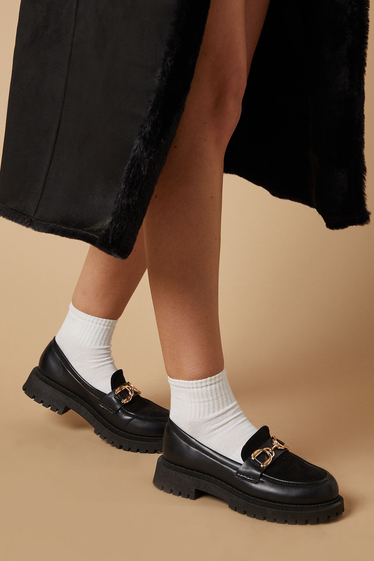 Oasis Bess Mixed Material Snaffle Detail Chunky Loafers Black image 4