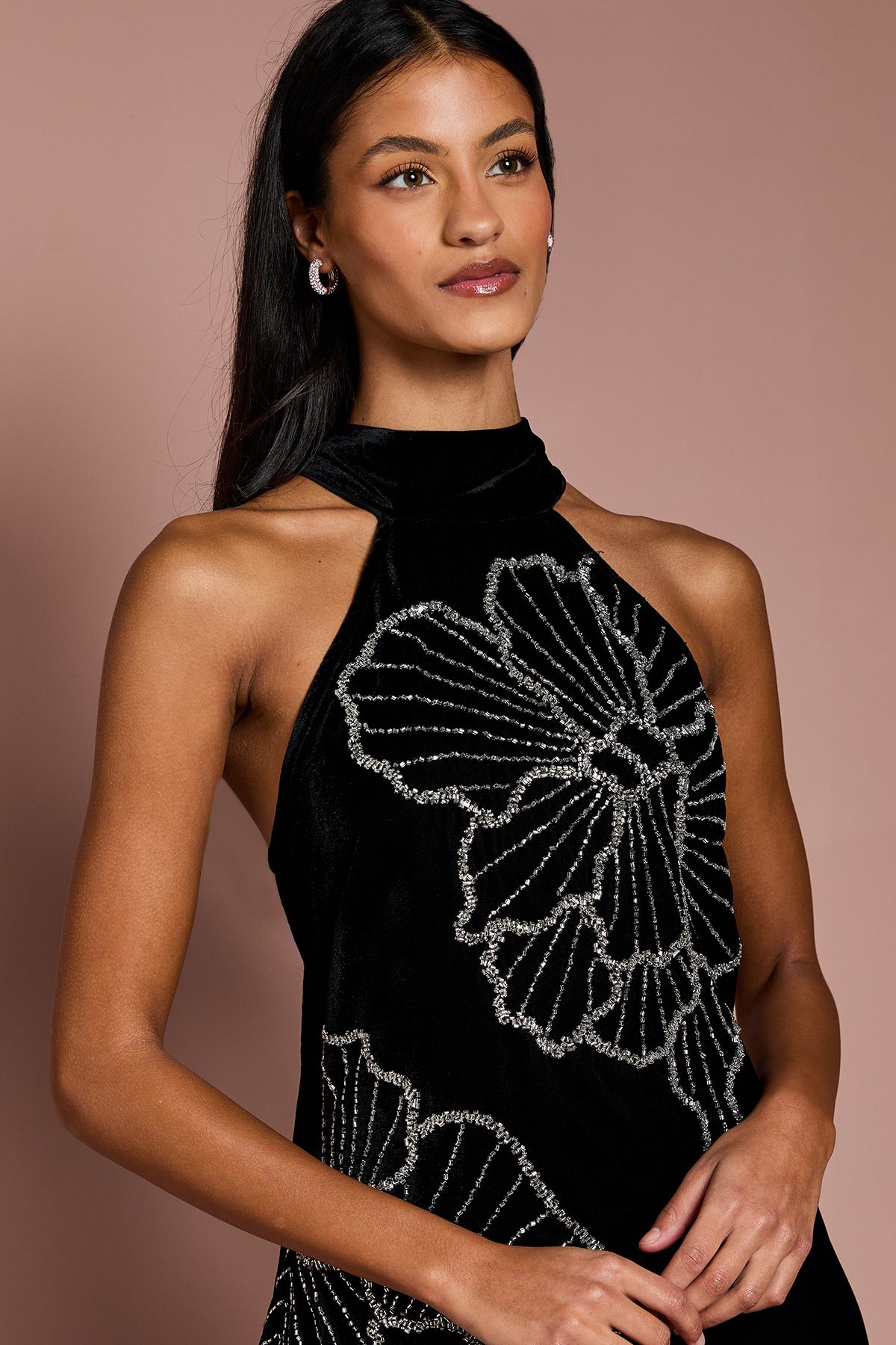 Coast Petite Halter Neck Velvet Maxi Dress With Embellishment Flower Black image 4