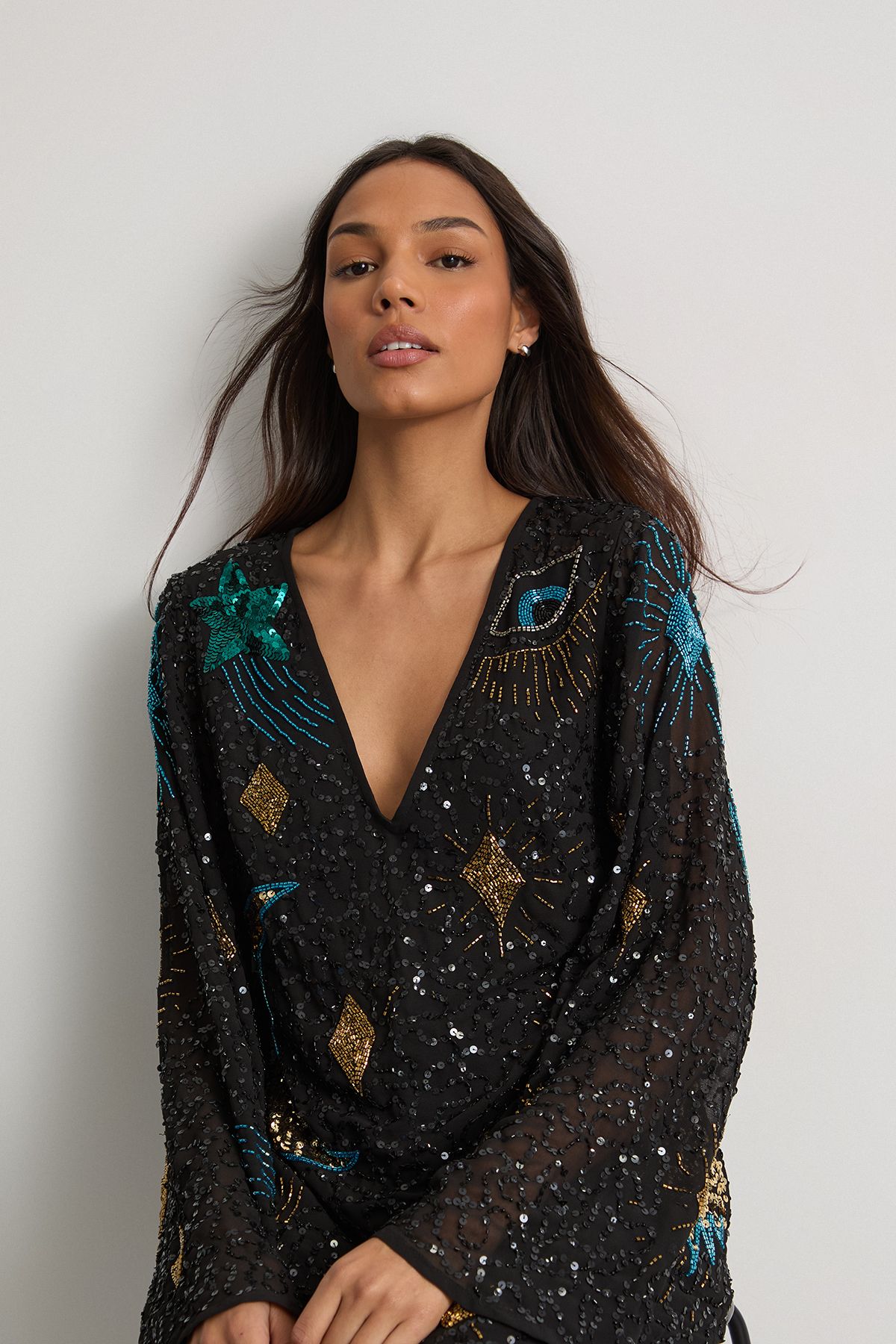 Warehouse Celestial Sequin Embellished Mini Dress Black image 4