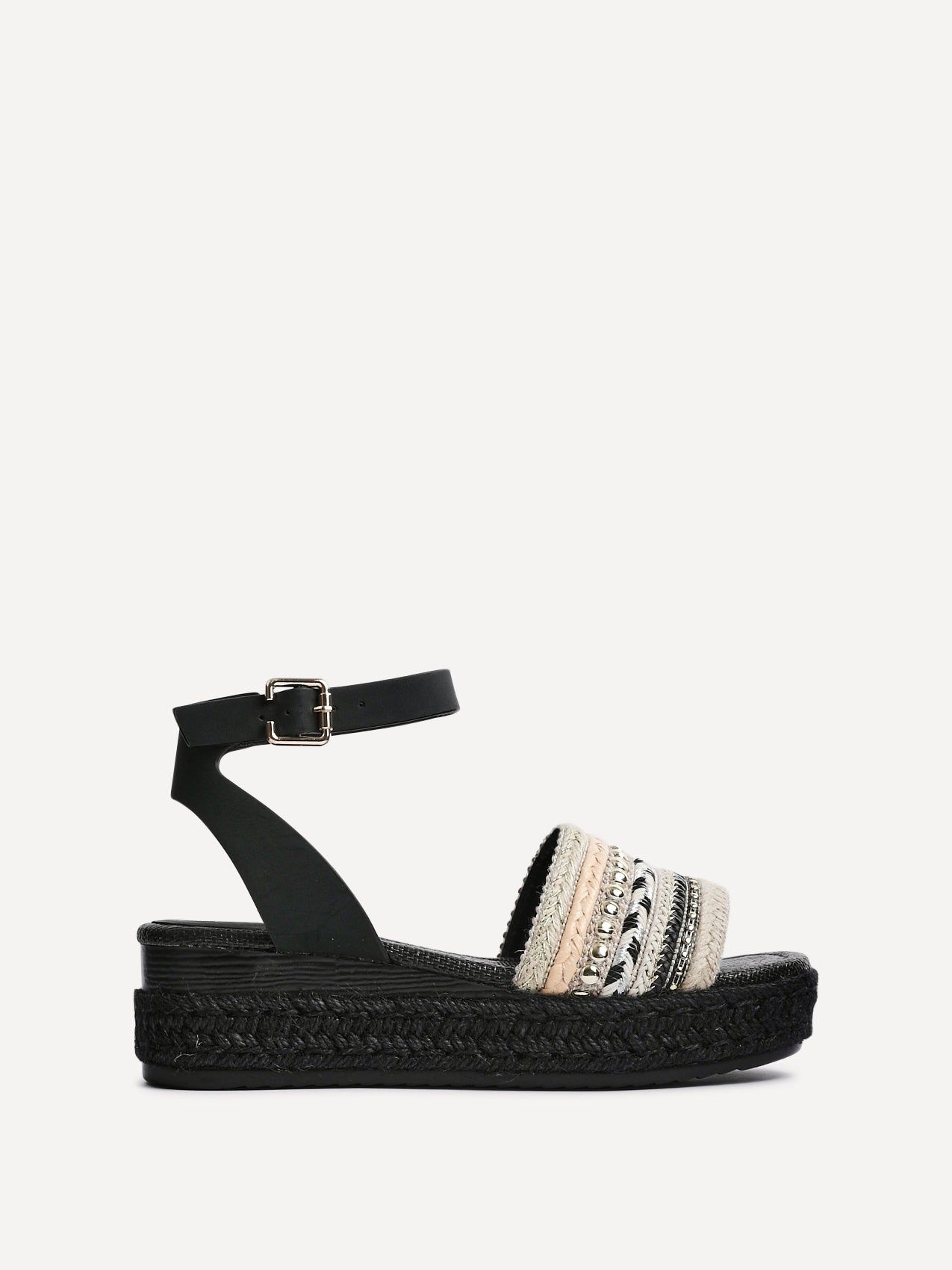 Linzi Vista Black Embellished Woven Espadrille Inspired Flatform image 1