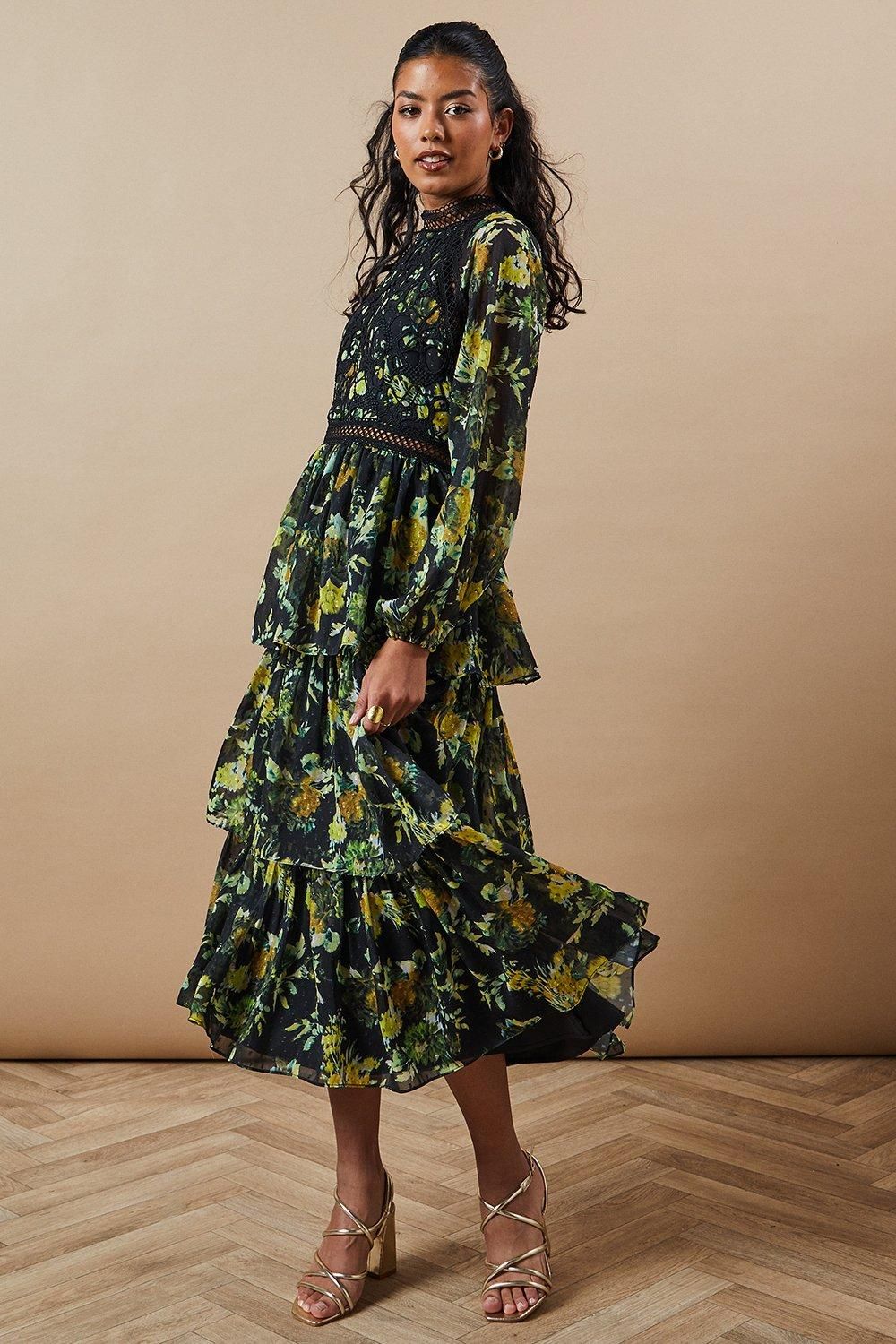 Oasis Petite Occasion Floral Lace Trim Dobby Chiffon Tiered Midaxi Dress Black