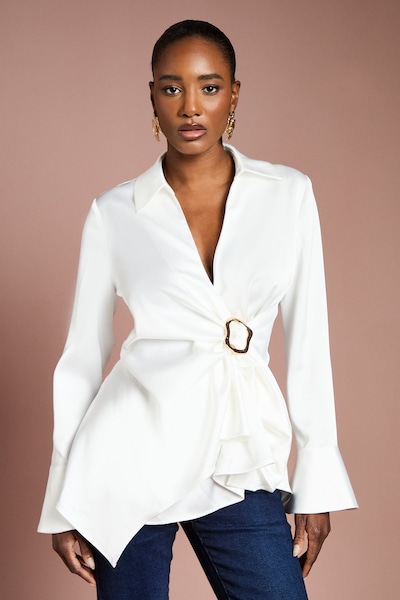 Coast Drape Detail Cuffed Satin Shirt Ivory