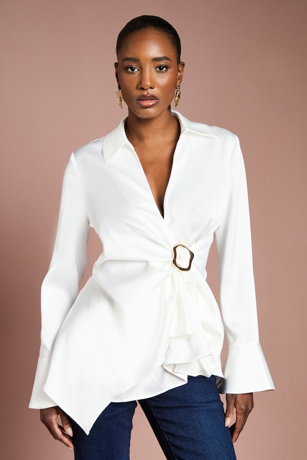 Coast Drape Detail Cuffed Satin Shirt Ivory