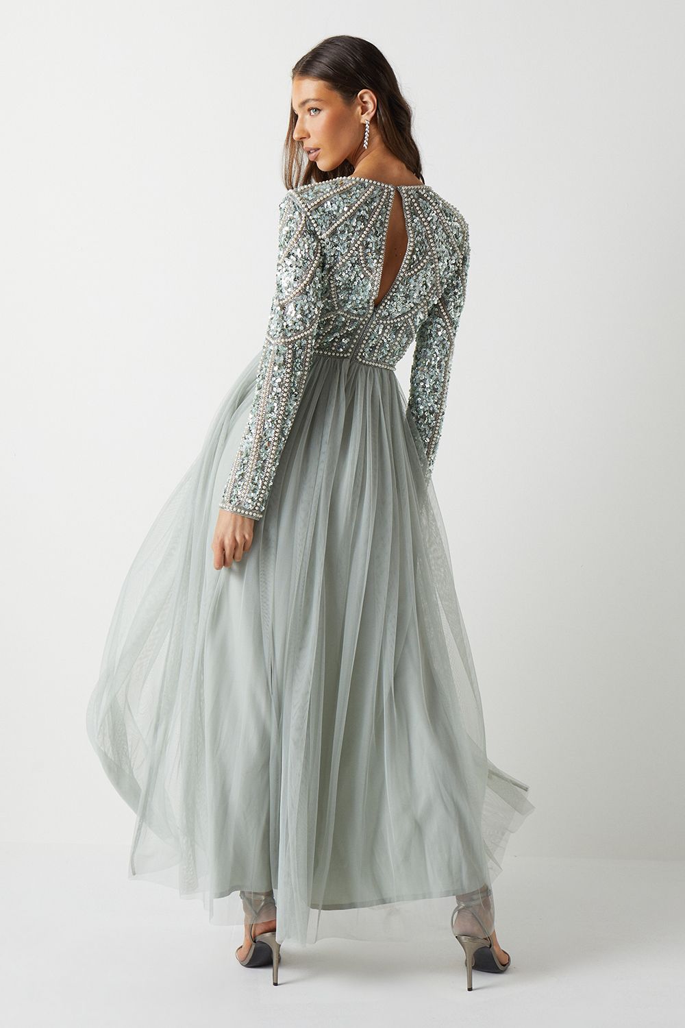 Coast Coast Honoured Long Sleeve Sequin Bodice Tulle Skirt Maxi Bridesmaid Dress Sage image 3