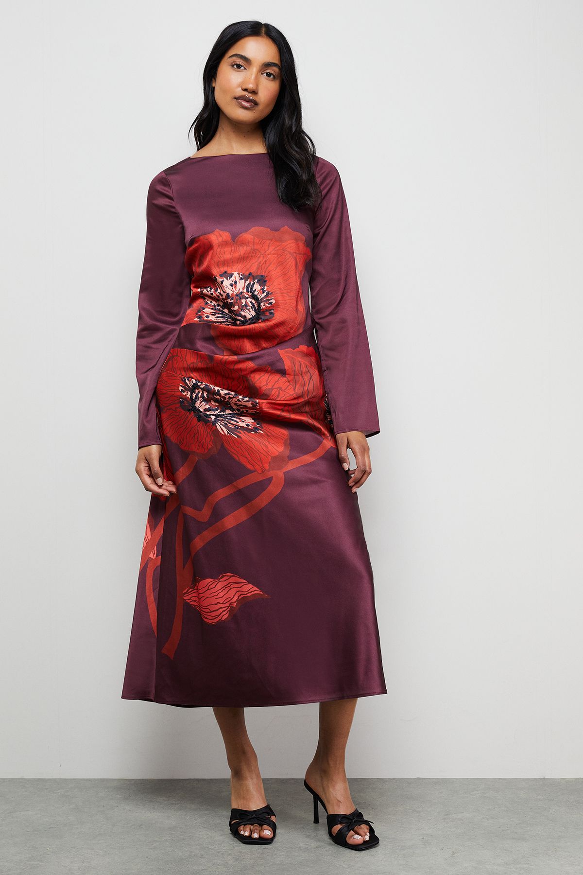 Warehouse Floral Placement Print Satin Midi Dress Dark Red image 1