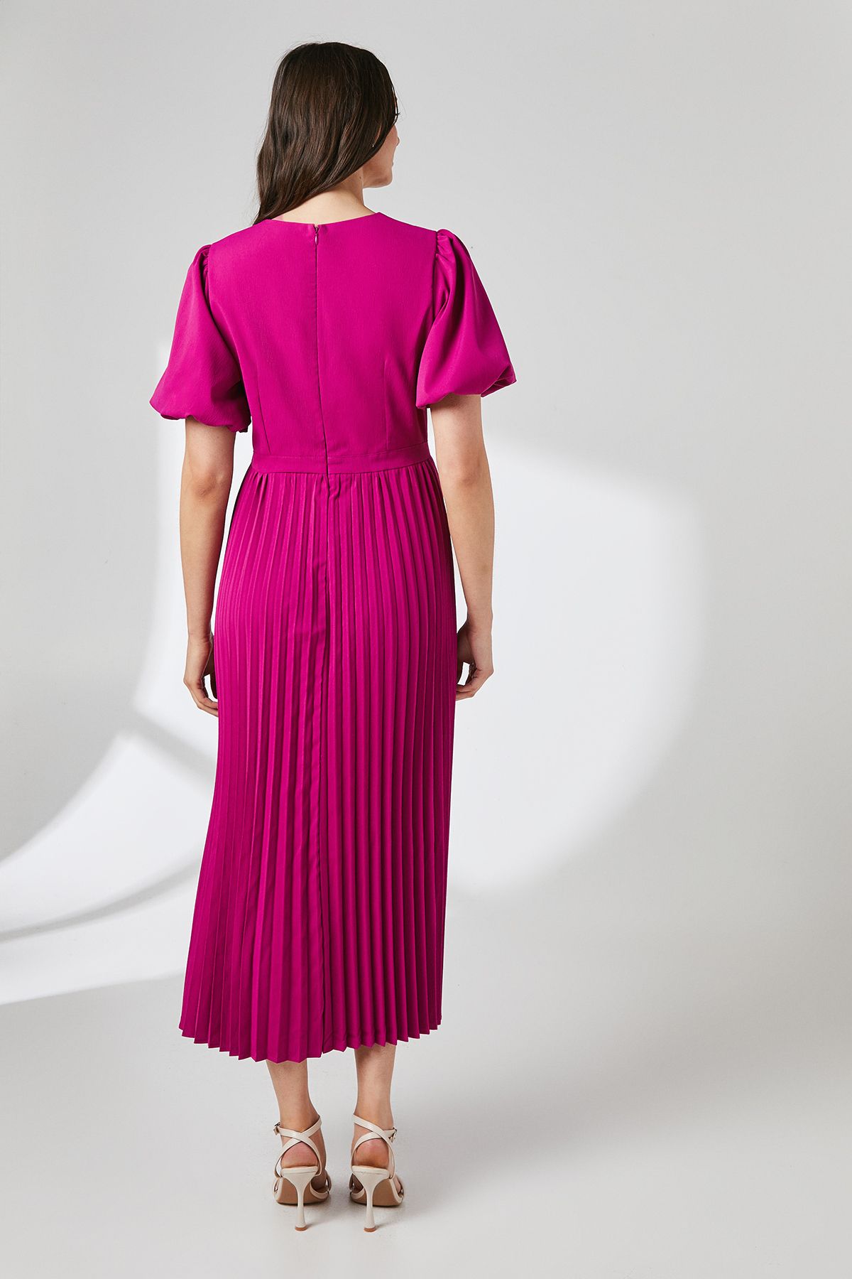 Principles Raspberry Puff Sleeve Pleated Midi Dress Raspberry image 3
