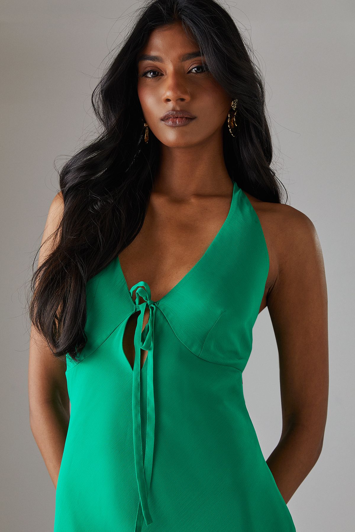 Warehouse Chiffon Bias Tie Front Low Back Halter Midi Dress Bright Green image 2