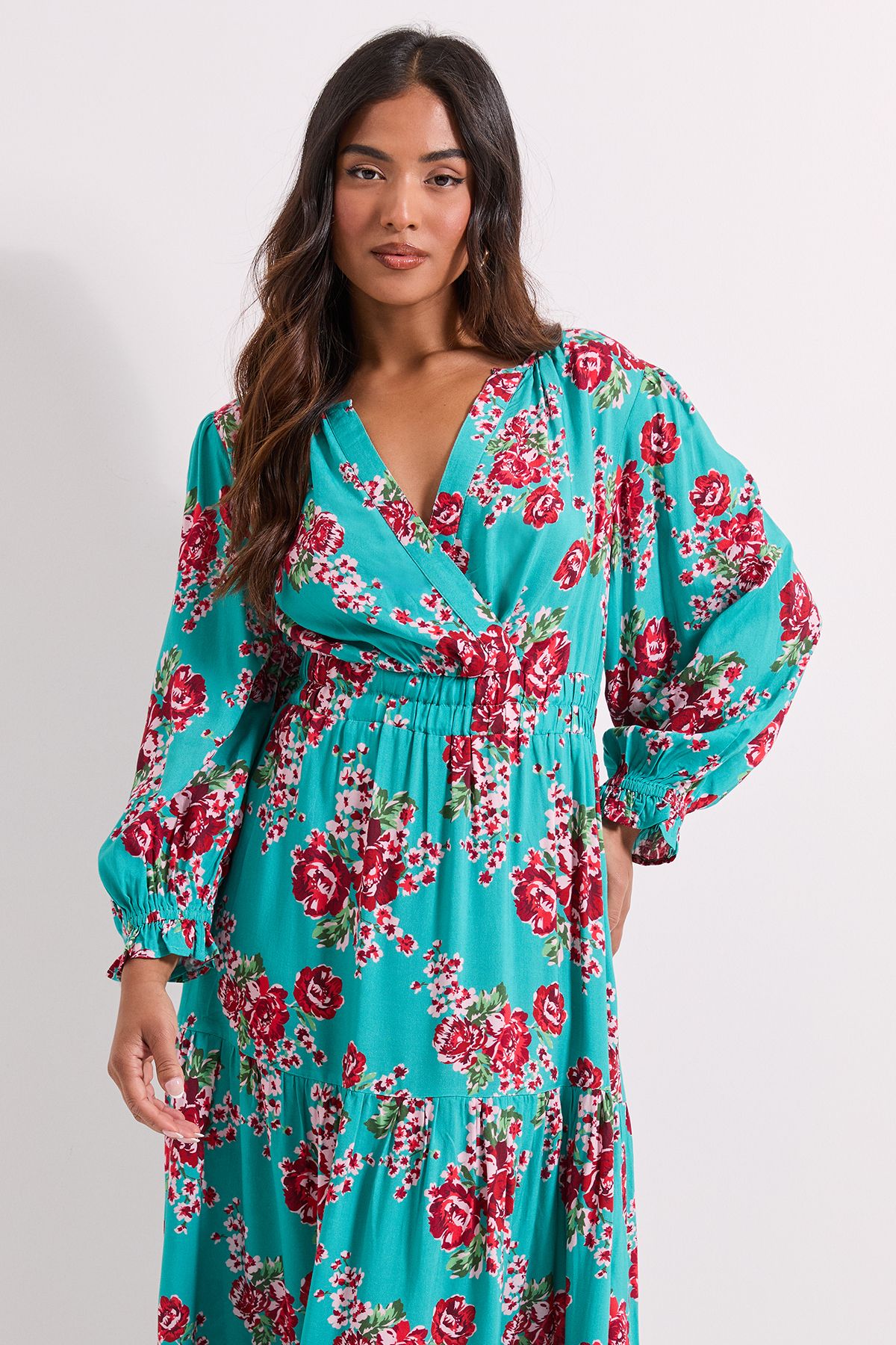 Dorothy Perkins Petite Floral Wrap Front Tiered Skirt Midaxi Dress Floral image 2