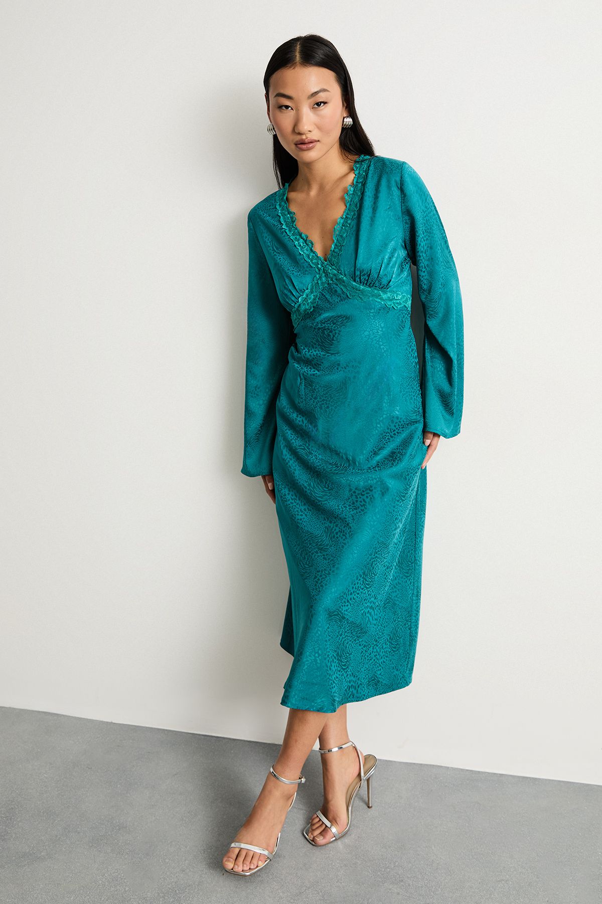 Warehouse Petite Satin Jacquard Lace Insert Godet Midi Dress Teal image 2