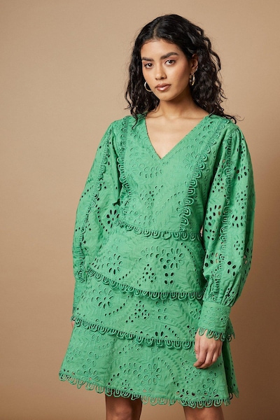 Oasis Petite Broderie Lace Trim Tiered Mini Dress Green