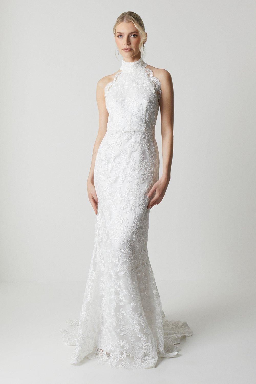 Coast High Neck Embroidered Mesh Wedding Dress With Train Ivory