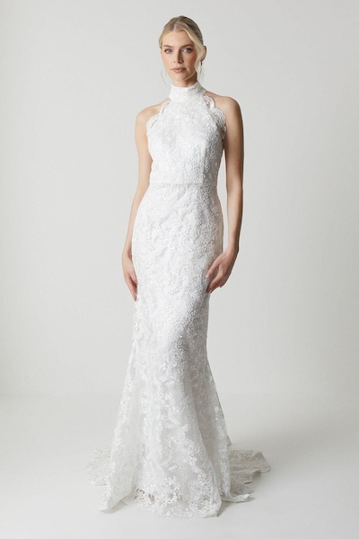 Coast High Neck Embroidered Mesh Wedding Dress With Train Ivory
