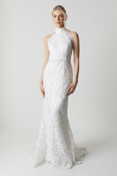 Coast High Neck Embroidered Mesh Wedding Dress With Train Ivory