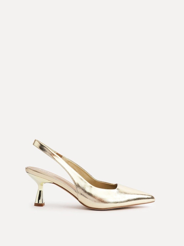Gold PU Point Toe Sling Back Mid Heeled Courts