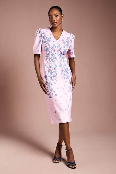 Coast Puff Sleeve Floral Placement Print Structured Cotton Pencil Dress Lilac