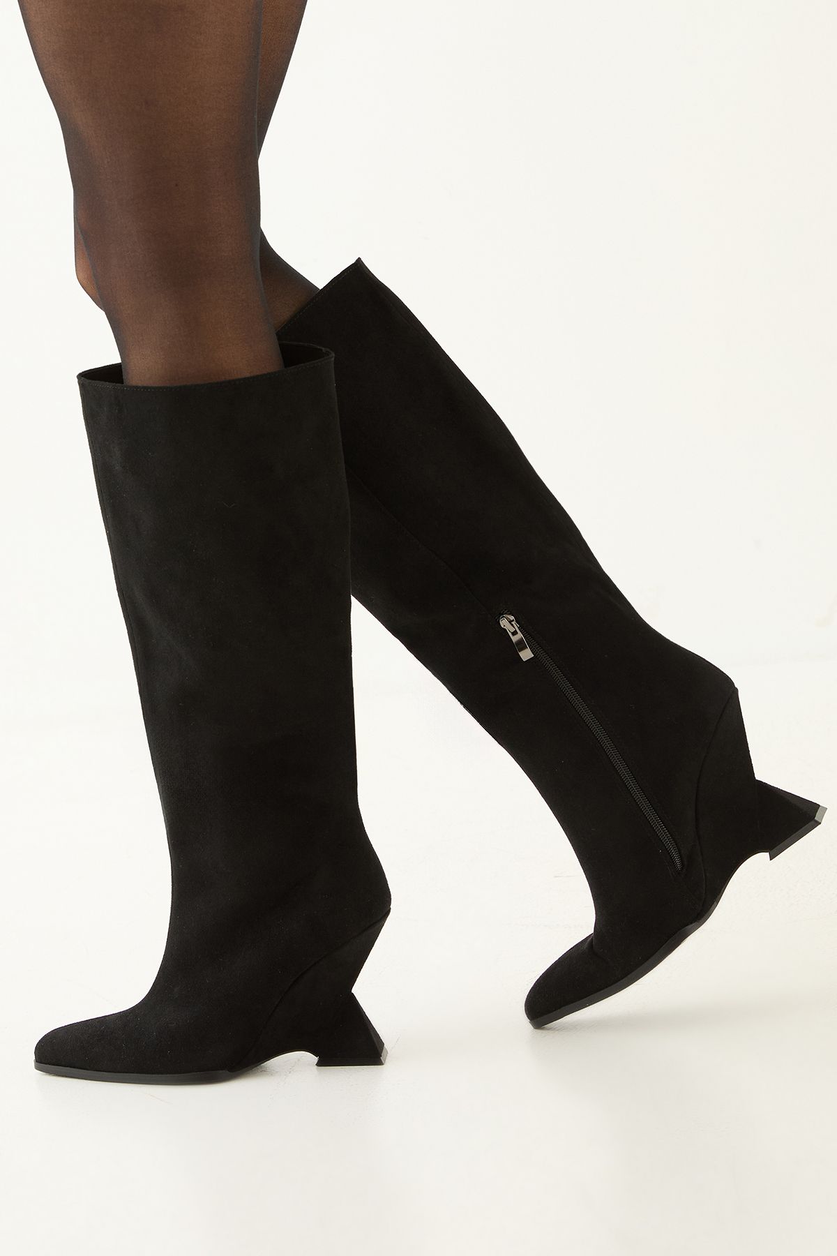 MissPap Faux Suede High Wedge Knee Boots Natural Black