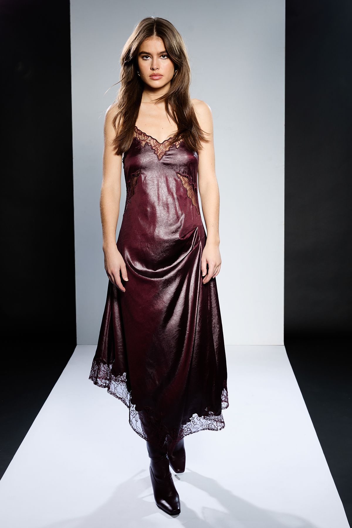 RUNWAY 1.8.1.8 Runway 1.8.1.8 Pu Satin Slip Dress With Lace Berry image 1
