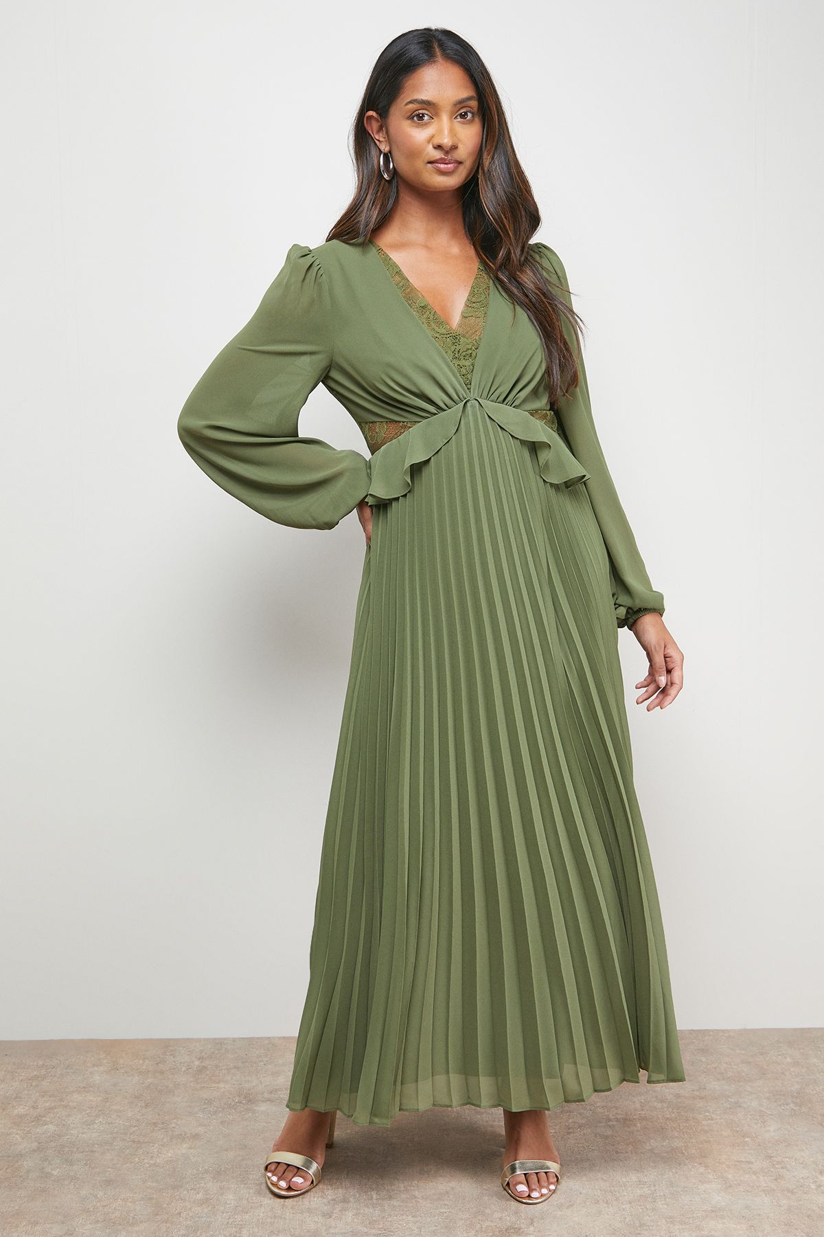 Oasis Lace Insert V Neck Pleated Midi Dress Olive image 1