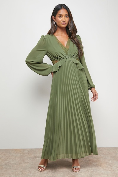 Oasis Lace Insert V Neck Pleated Midi Dress Olive